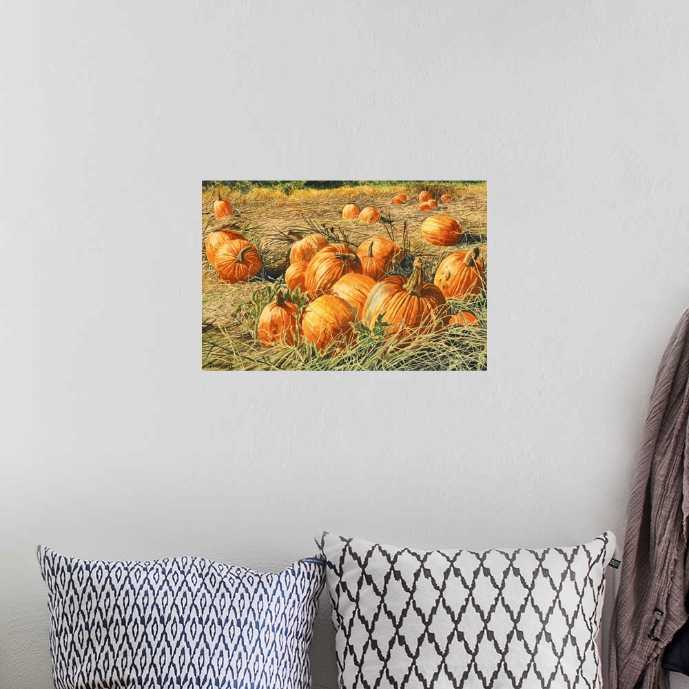 A bohemian room featuring Contemporary colorful painting of an idyllic autumn harvest scene.