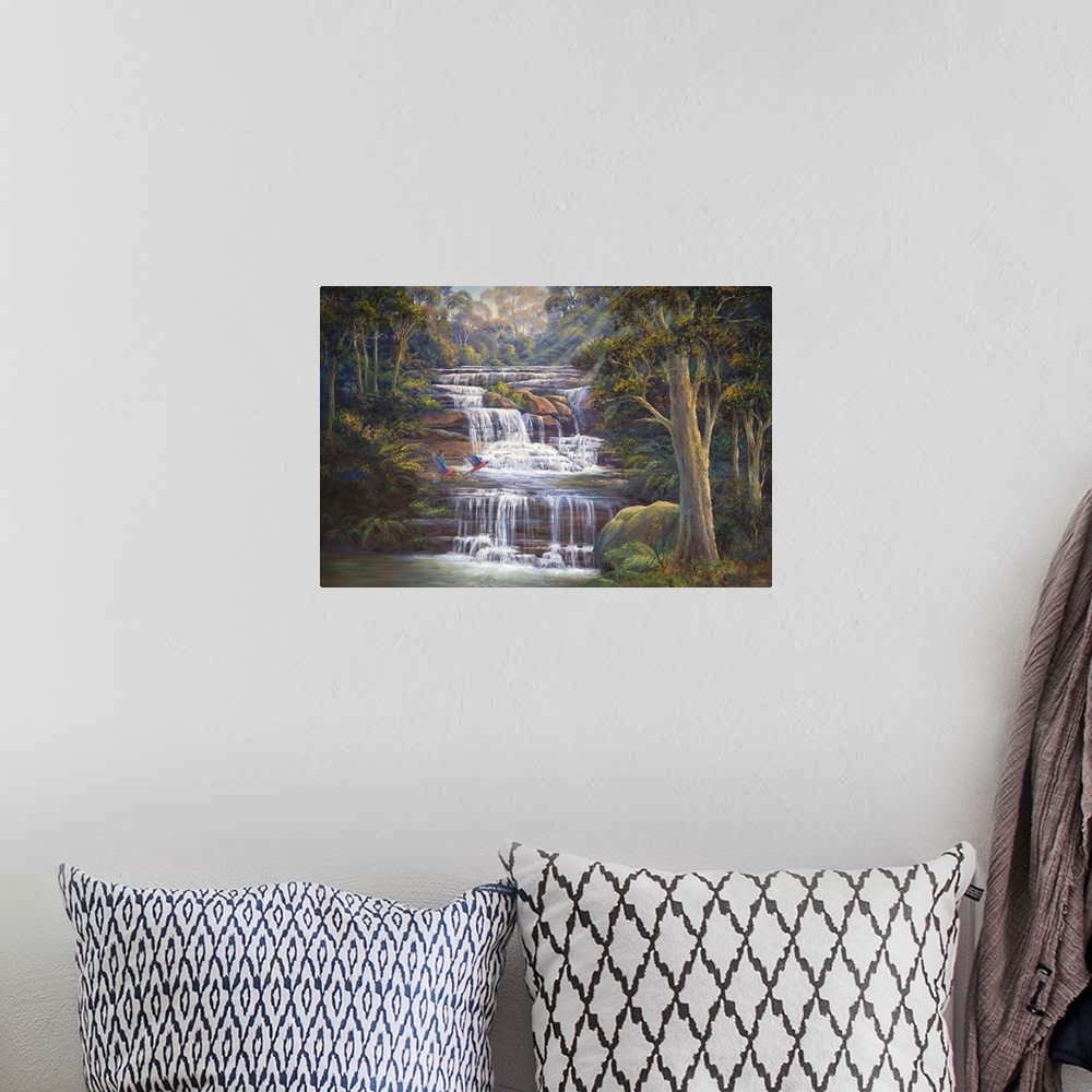A bohemian room featuring Contemporary painting of a forest river cascading down over rocks.