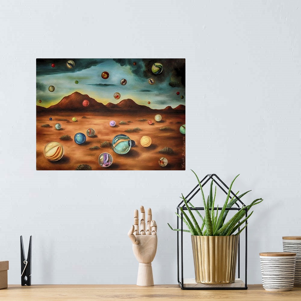 A bohemian room featuring Surrealist painting of a desert landscape with marbles raining down from the sky.