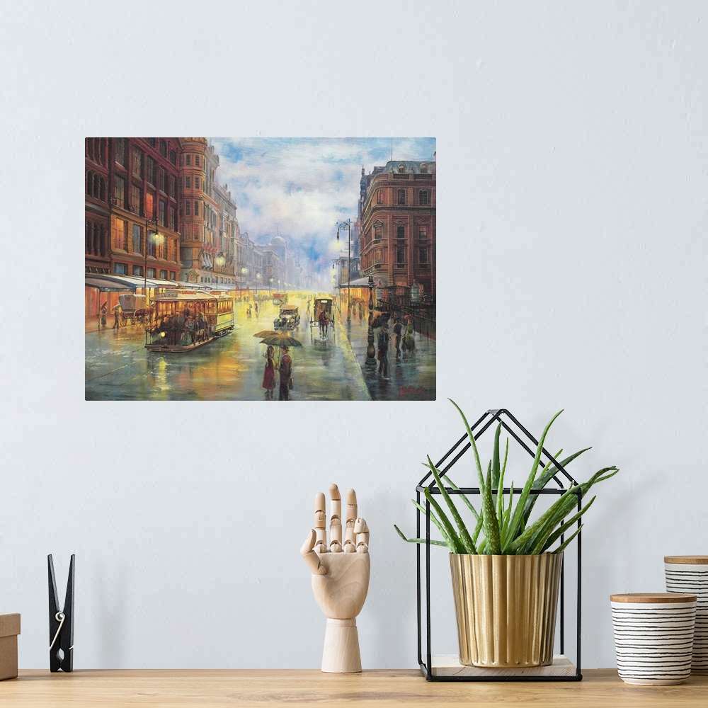 A bohemian room featuring Contemporary painting of an idyllic city scene.