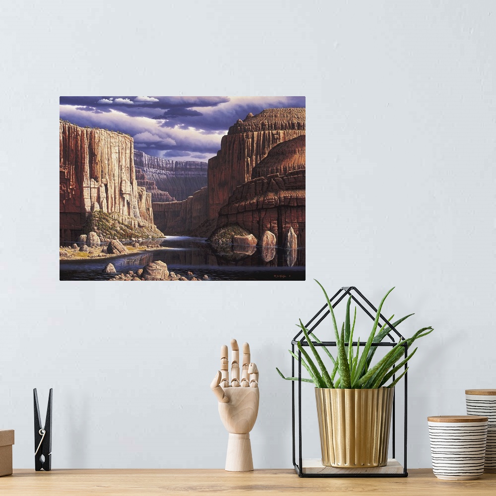 A bohemian room featuring Contemporary landscape painting of the Grand Canyon.