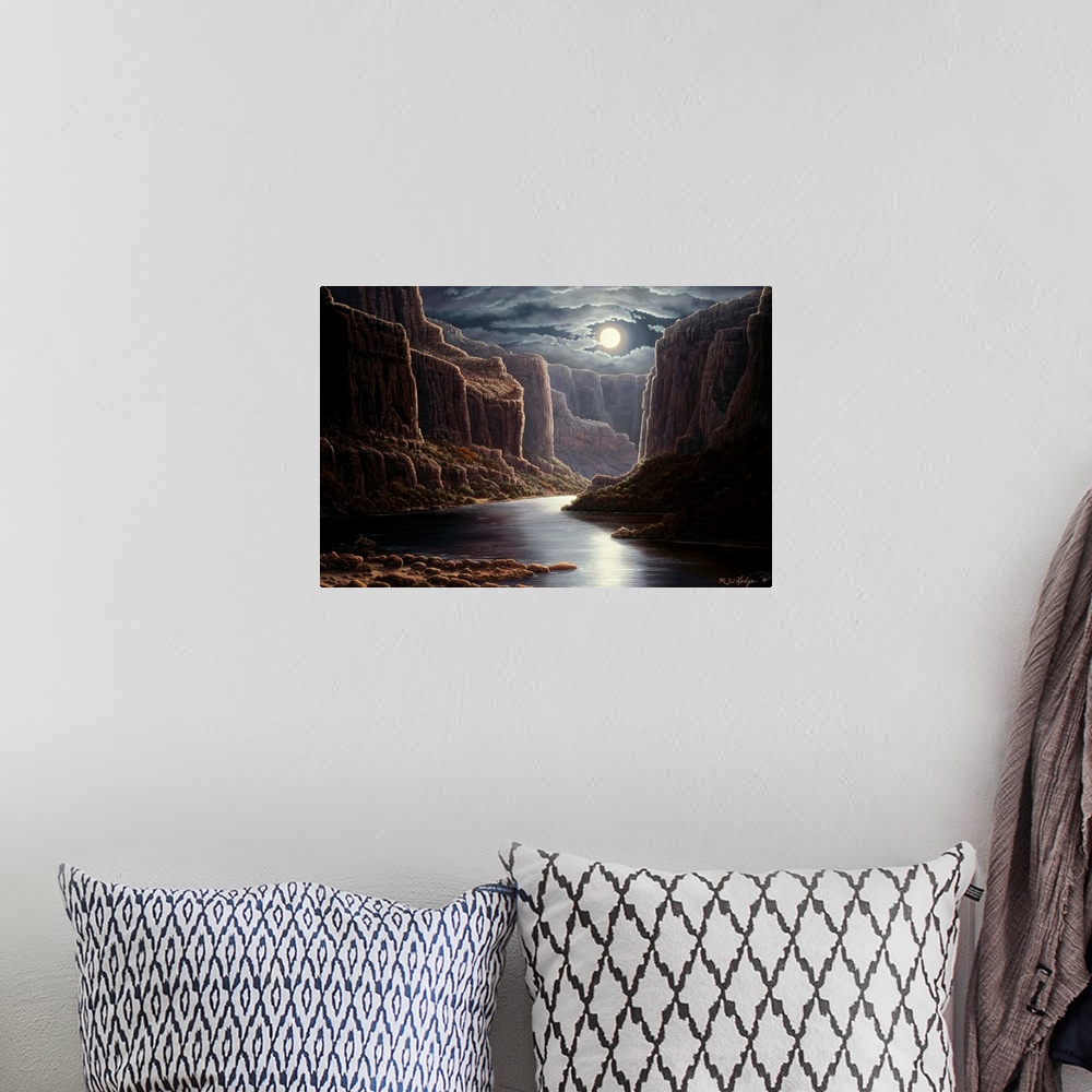 A bohemian room featuring Contemporary landscape painting of the Grand Canyon under the moonlight.