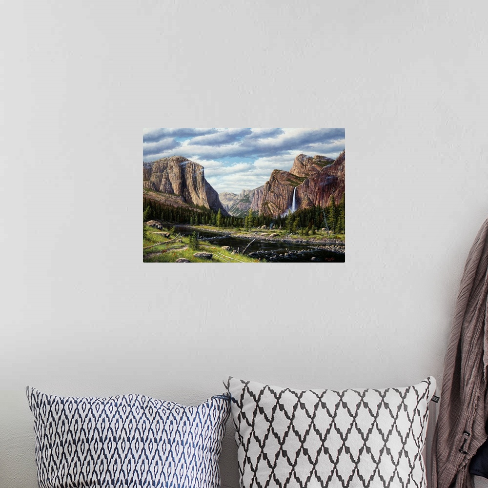 A bohemian room featuring A view of Bridal Veil falls in Yosemite.