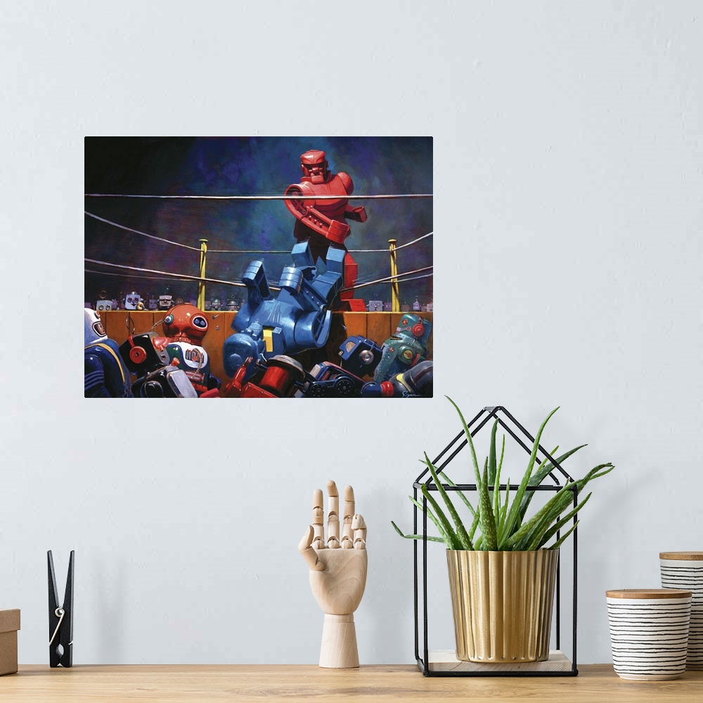 A bohemian room featuring A contemporary painting of a giant retro toy robot boxing match.