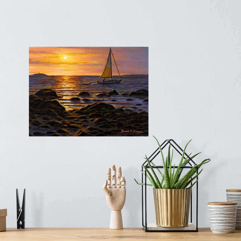 A bohemian room featuring Contemporary artwork of a sailboat in the water at sunset.