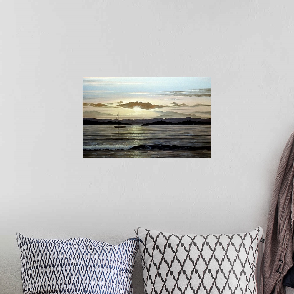 A bohemian room featuring Contemporary painting of a calm shoreline at dusk, with boats in the distance.