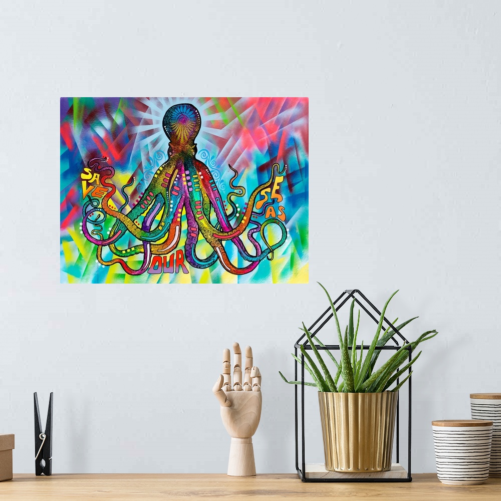 A bohemian room featuring Contemporary stencil painting of an octopus filled with various colors and patterns and text that...