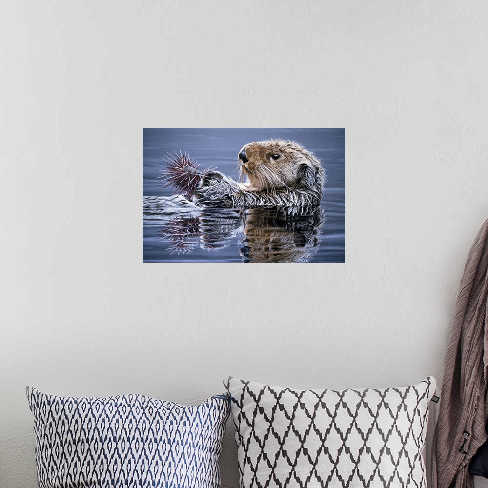 A bohemian room featuring A sea otter swimming with an urchin.