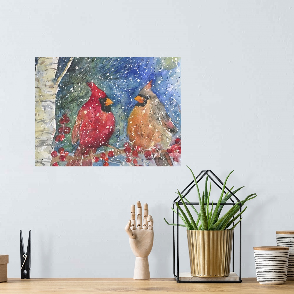 A bohemian room featuring Contemporary watercolor painting of two cardinals perched on a branch in the snow.