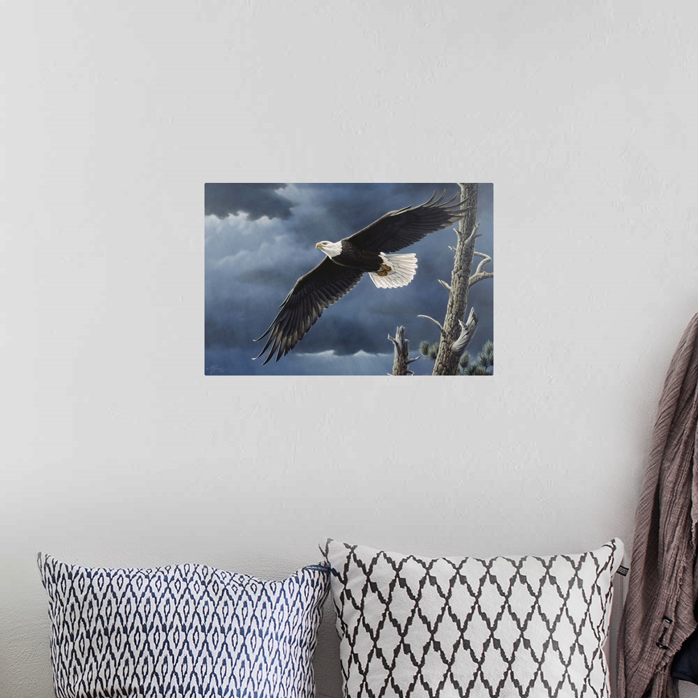 A bohemian room featuring Bald eagle flying with dark clouds behind him.