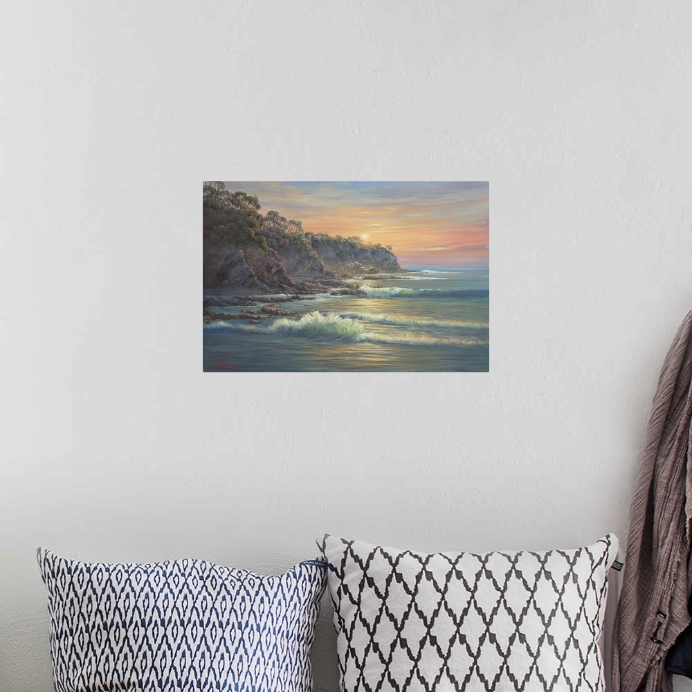 A bohemian room featuring Contemporary painting of a coastal landscape at sunset.