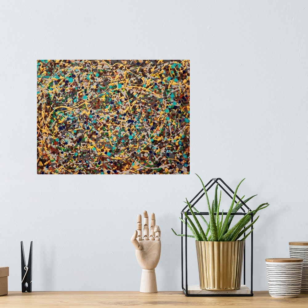 A bohemian room featuring Contemporary abstract painting made of paint splatters and swirls.