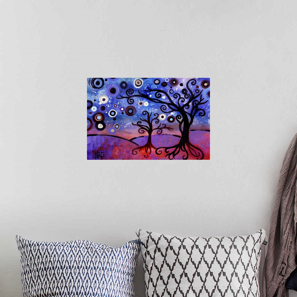 A bohemian room featuring Contemporary painting of two trees with curly branches and a starry sky.