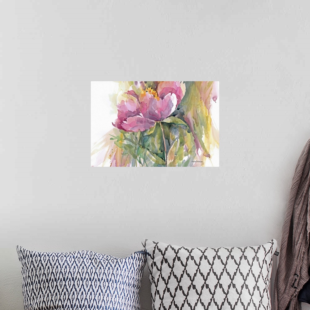 A bohemian room featuring Contemporary watercolor painting of pink flowers.