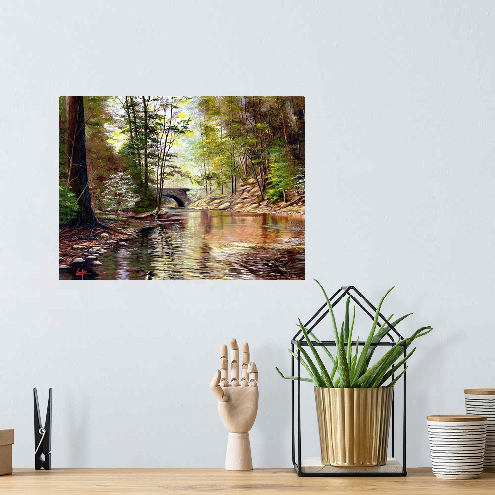A bohemian room featuring Contemporary painting of a shallow river flowing calmly through a forest.