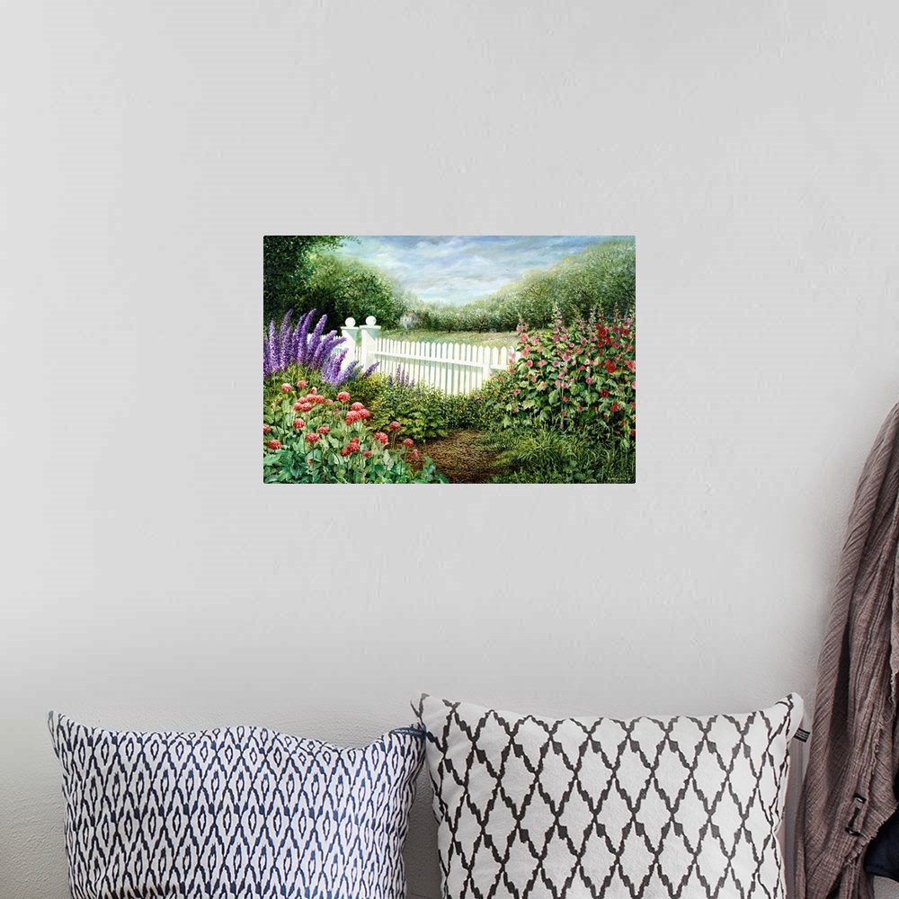 A bohemian room featuring Contemporary artwork of a flower garden in front of a white fence.