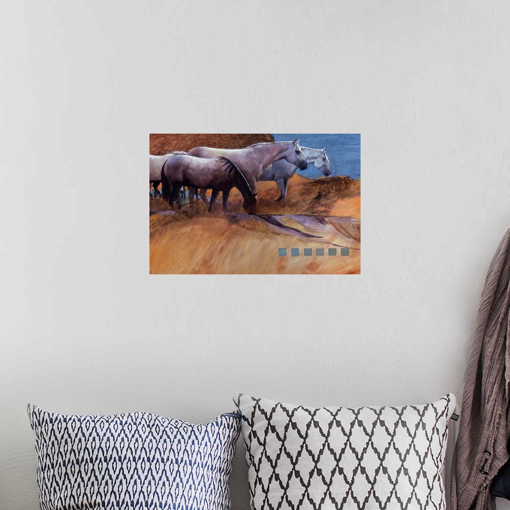 A bohemian room featuring Contemporary western theme painting of horses grazing on desert plains.