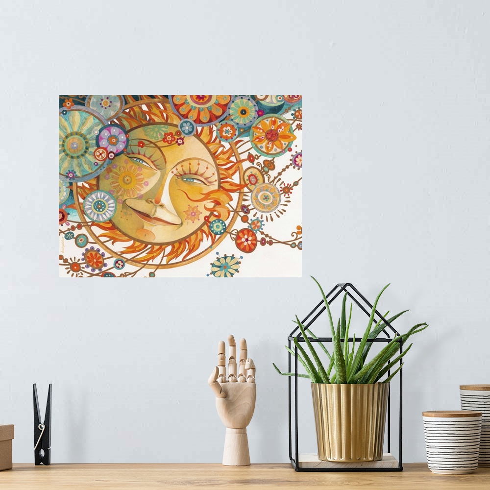 A bohemian room featuring Contemporary artwork of a smiling sun with decorative baubles all around.