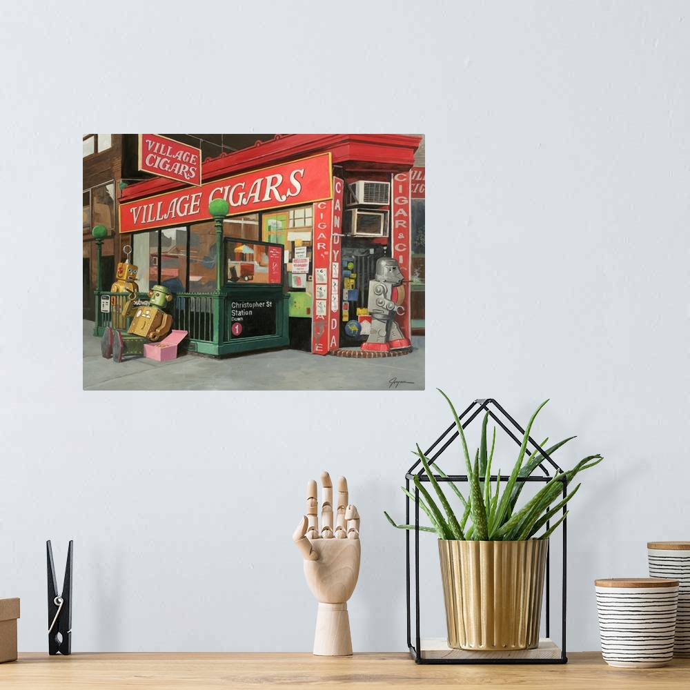 A bohemian room featuring A contemporary painting of a city scene of retro toy robots walking in and around a cigar shop sm...