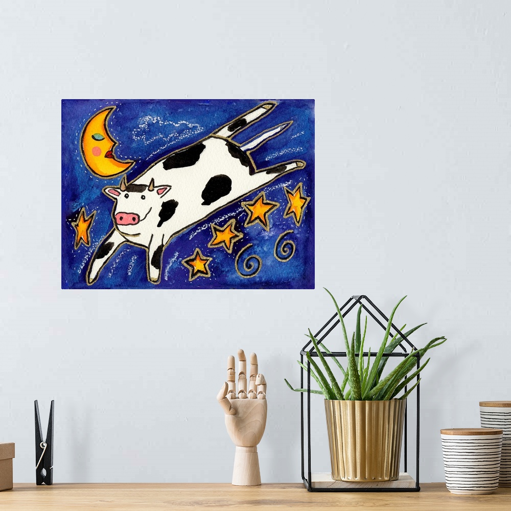 A bohemian room featuring A black and white cow jumping over stars in the night sky.