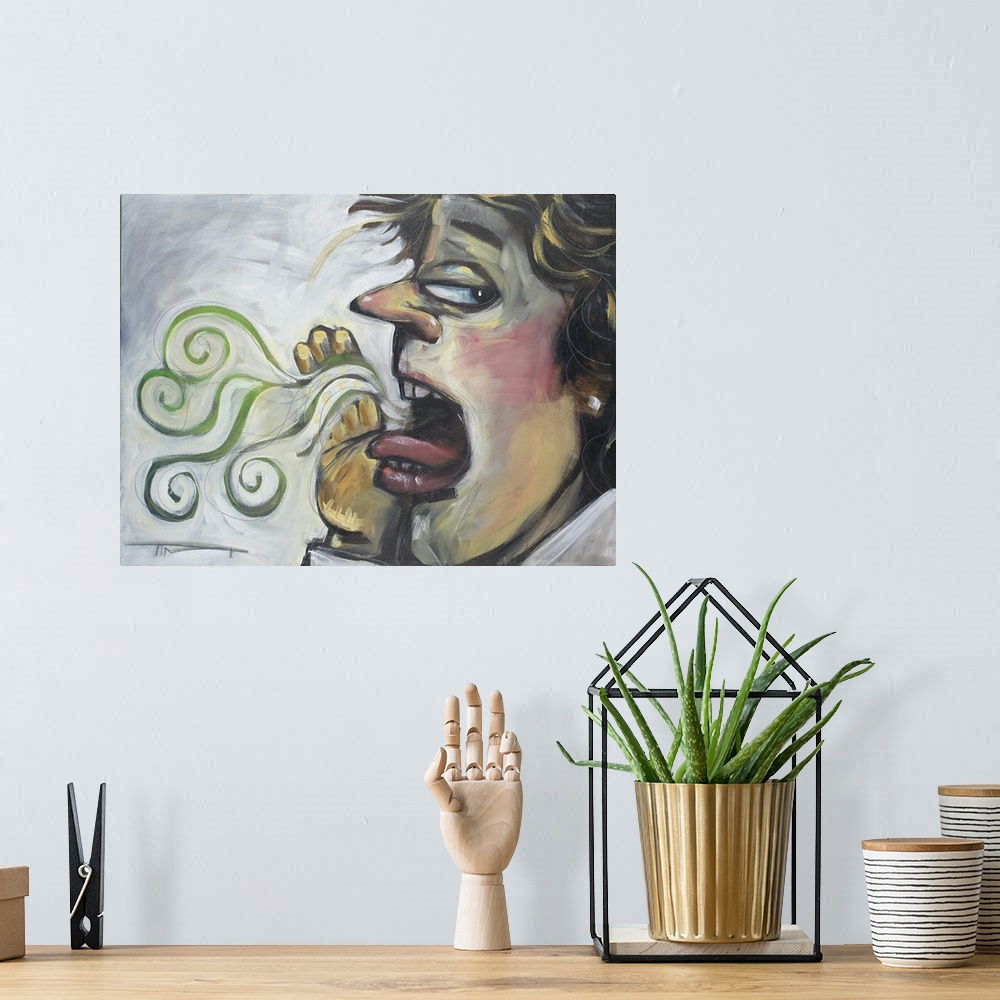 A bohemian room featuring Cartoonish painting of a person spreading rumors as if they were bad breath.