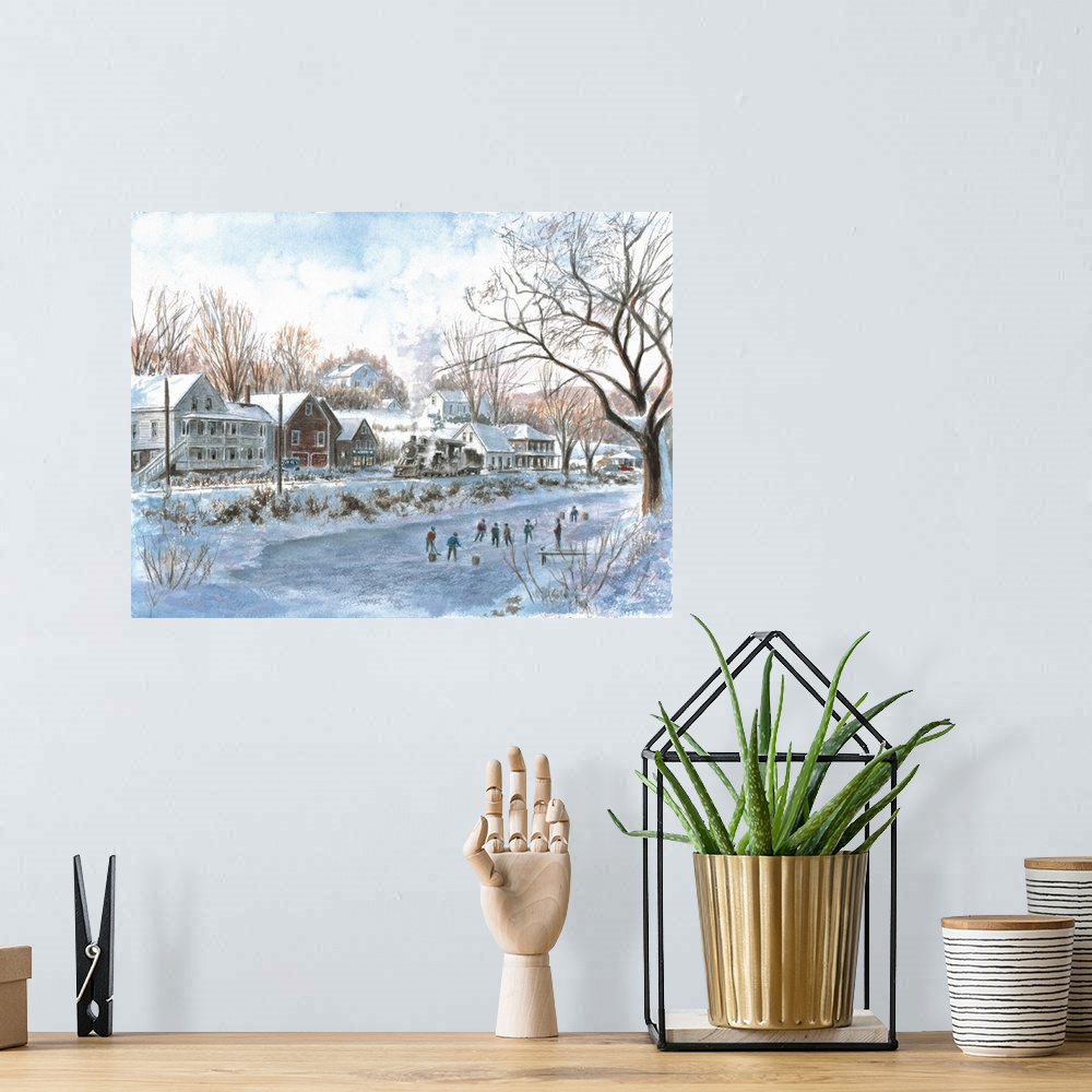 A bohemian room featuring Contemporary painting of an idyllic American scene of children playing in the snow in winter.