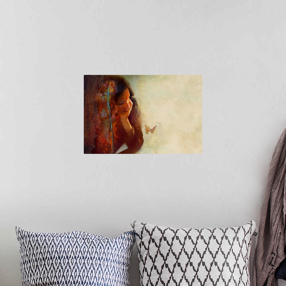 A bohemian room featuring A contemporary painting of a woman staring at a moth whimsically fluttering its wings.