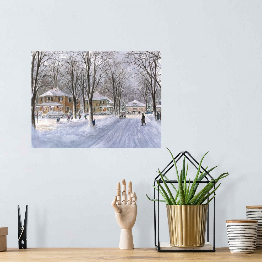 A bohemian room featuring Contemporary painting of an idyllic winter scene in a suburban neighborhood.
