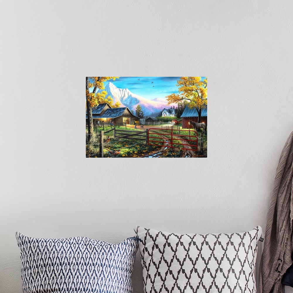 A bohemian room featuring Contemporary painting of a small farm with animals running around and large snow covered mountain...