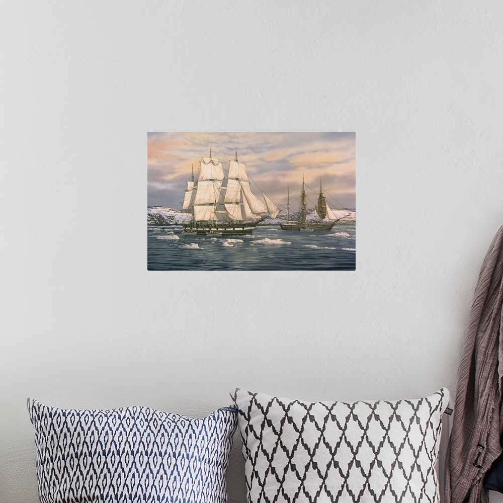 A bohemian room featuring Contemporary painting of a ship sailing the open sea.