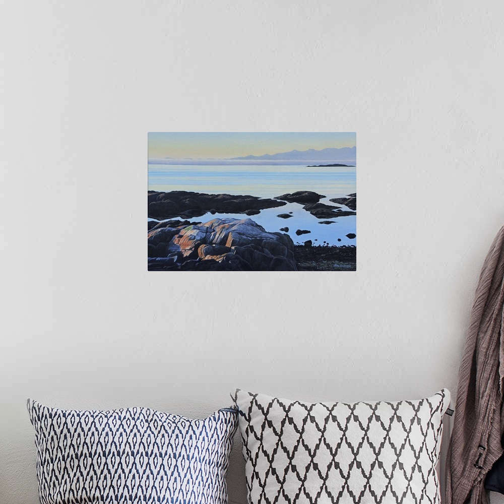 A bohemian room featuring Contemporary painting of a view of a seascape from a rocky shore.