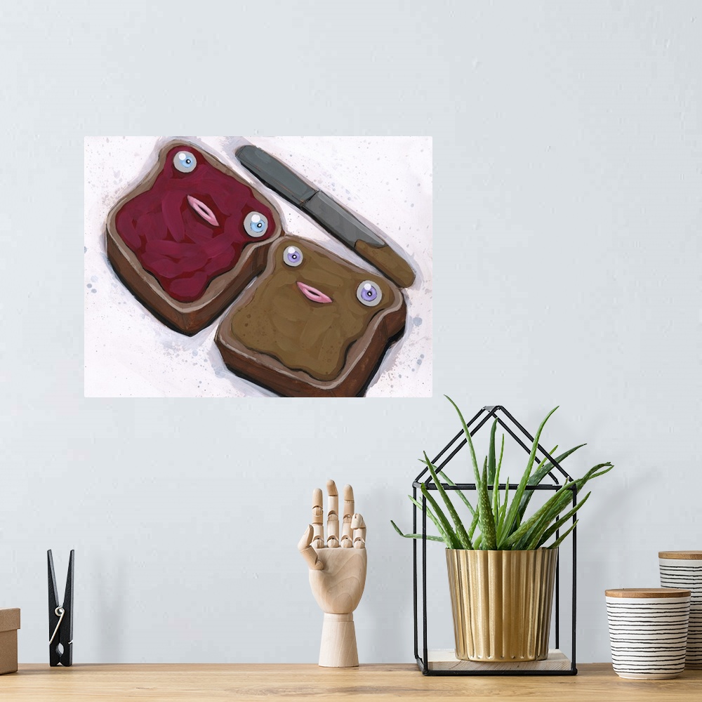 A bohemian room featuring Pop art painting of two pieces of toast with peanut butter and jelly.
