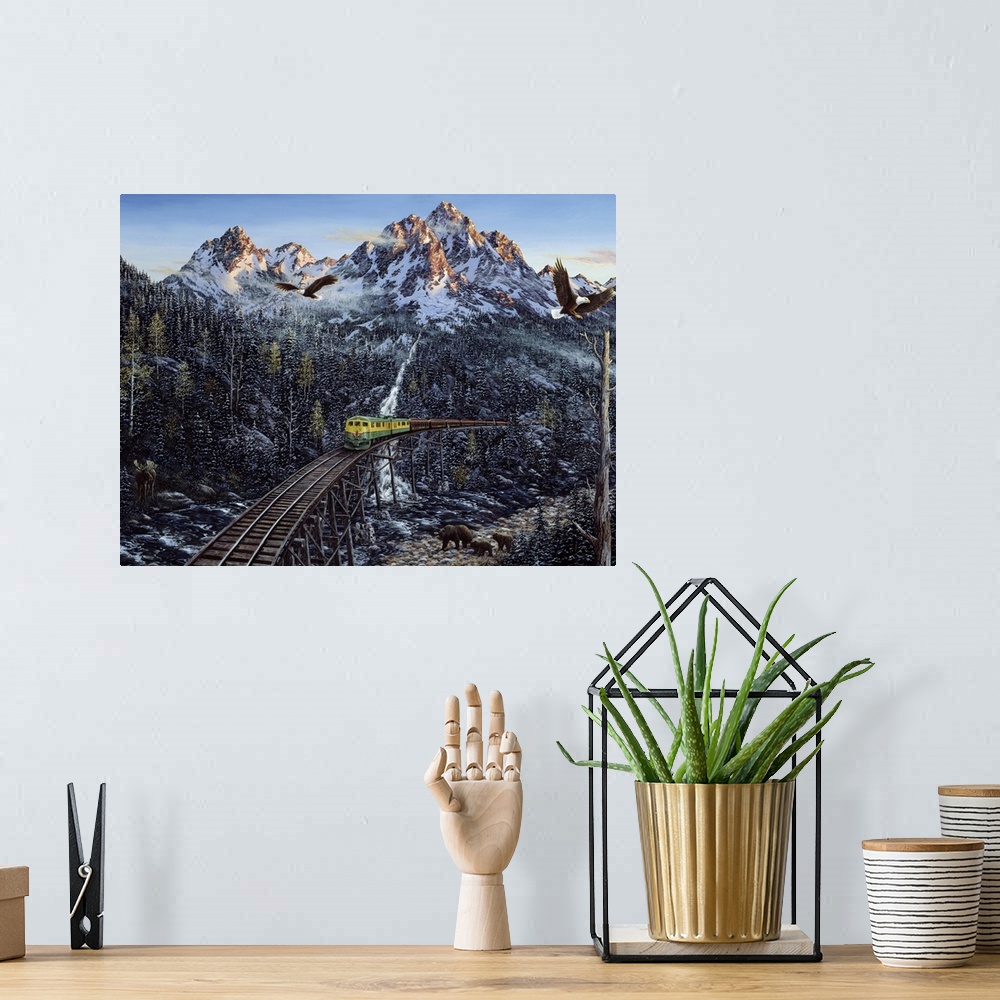 A bohemian room featuring train with mountains in background, eagles flying over head, bears walking.snow