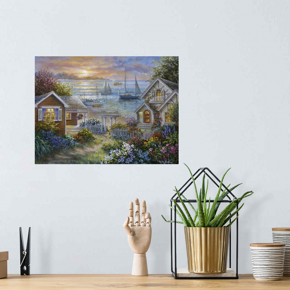 A bohemian room featuring Painting of village scene featuring houses with glowing windows. Product is a painting reproducti...