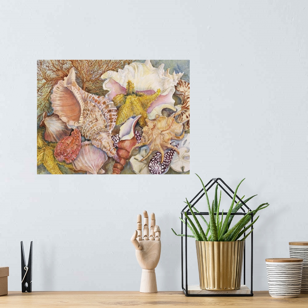 A bohemian room featuring Colorful contemporary painting of seashells.