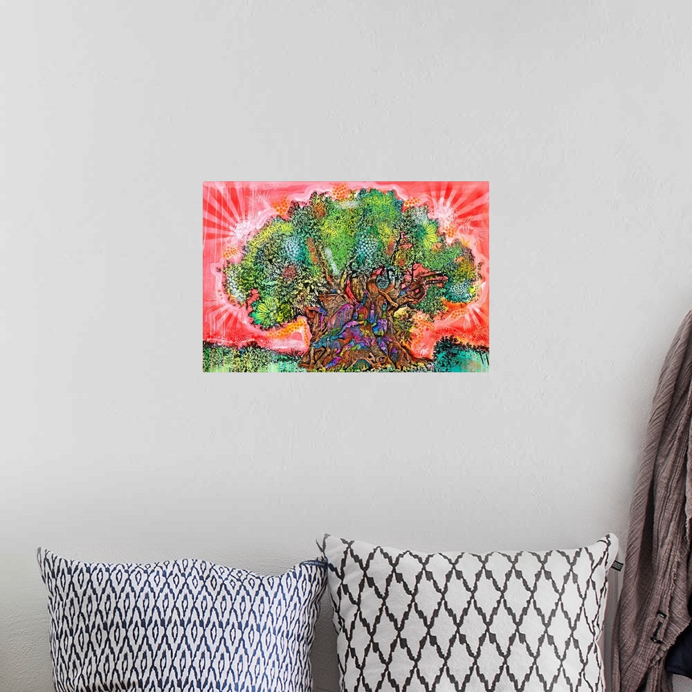 A bohemian room featuring Large illustration of a tree with colorful animals on the trunk and a red sky with abstract designs.