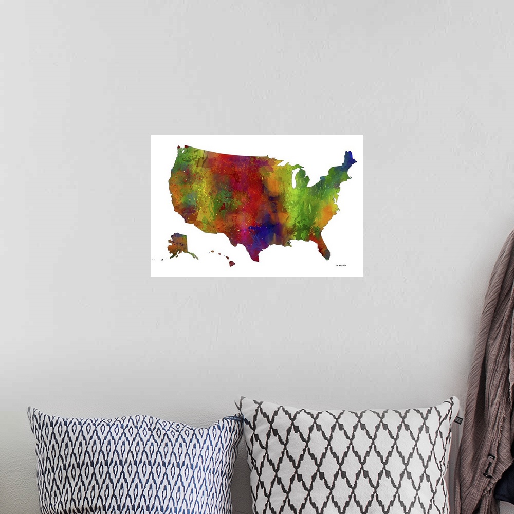 A bohemian room featuring Contemporary colorful watercolor art map of the USA.
