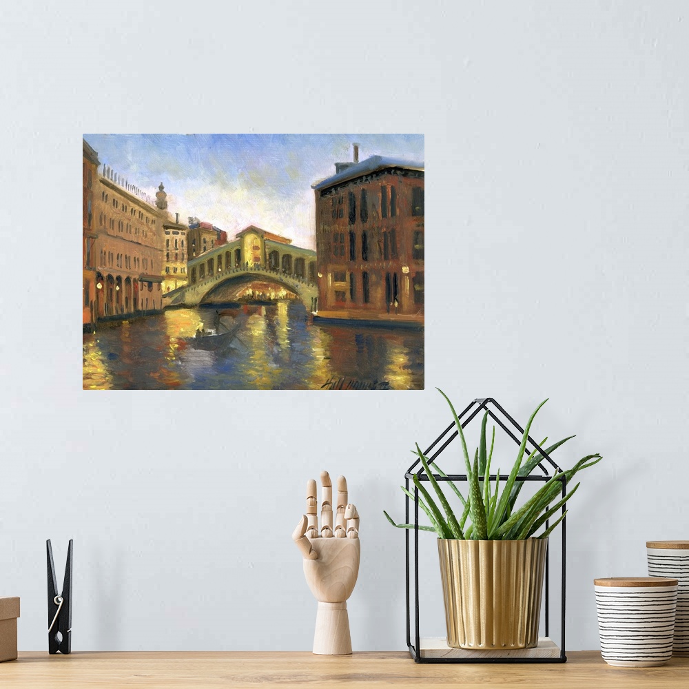 A bohemian room featuring Contemporary painting of a scenic view of a town in Venice.