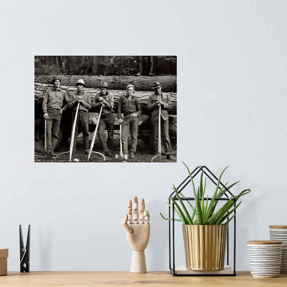 A bohemian room featuring Vintage Photograph of Logging crew standing in front of felled tree on a wagon