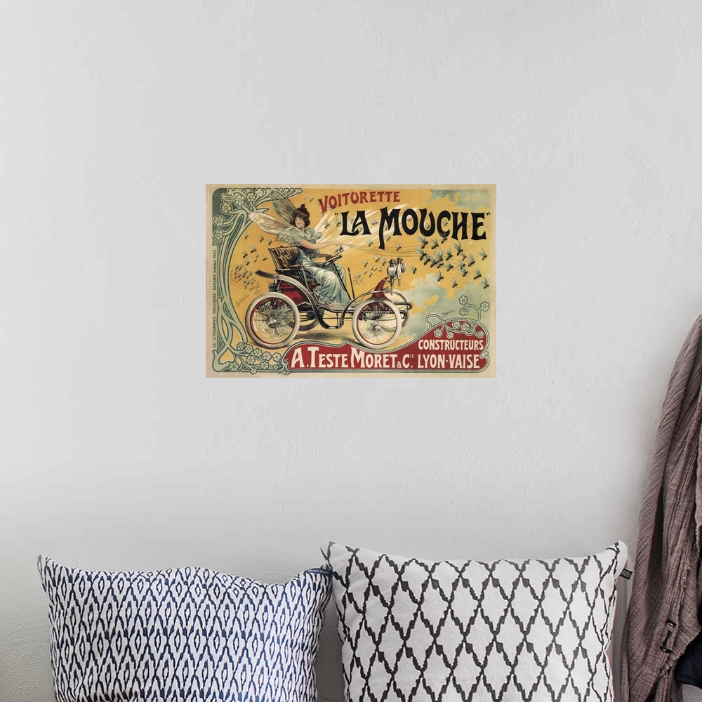 A bohemian room featuring Voiturette La Mouche - Vintage Automobile Advertisement