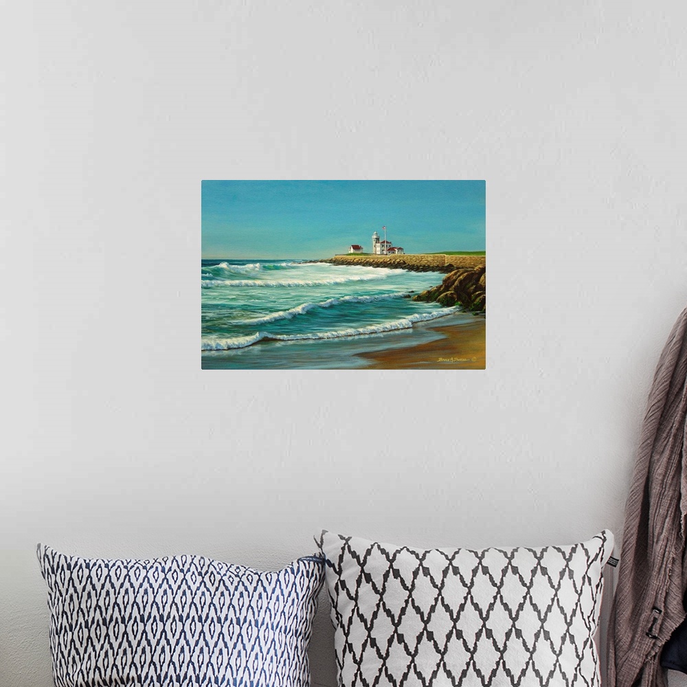 A bohemian room featuring Contemporary artwork of an oceanfront with lighthouse in the background.