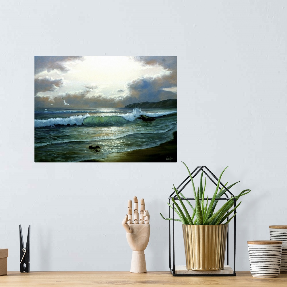 A bohemian room featuring Contemporary painting of waves crashing by the beach, with clouds parting.