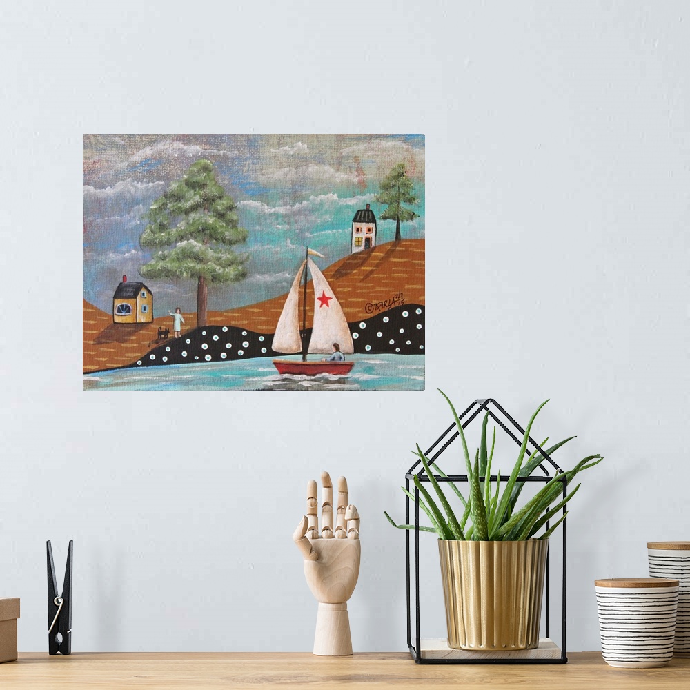 A bohemian room featuring Contemporary folk art painting of a house on a countryside landscape.