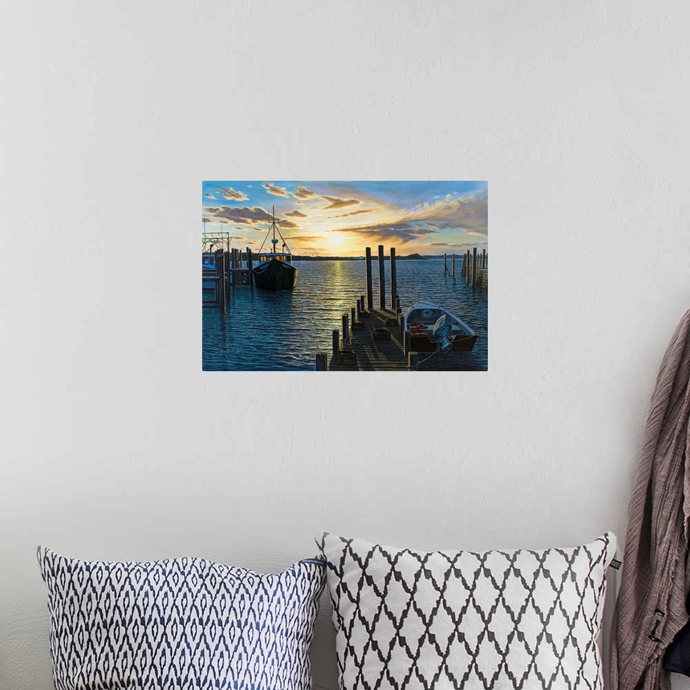 A bohemian room featuring Contemporary painting of Westport Harbor, MA at sunrise with boats.