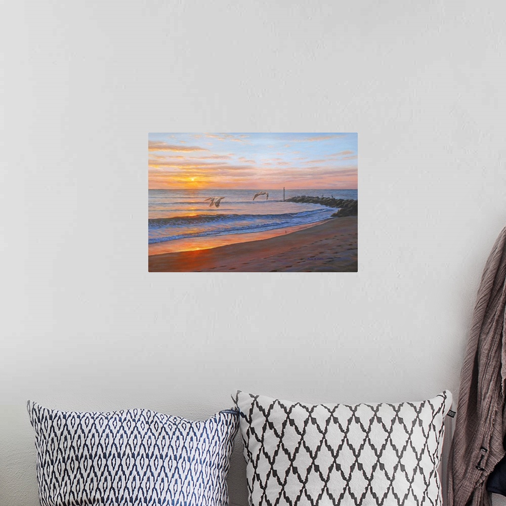 A bohemian room featuring Contemporary artwork of a beach at sunset with pelicans.
