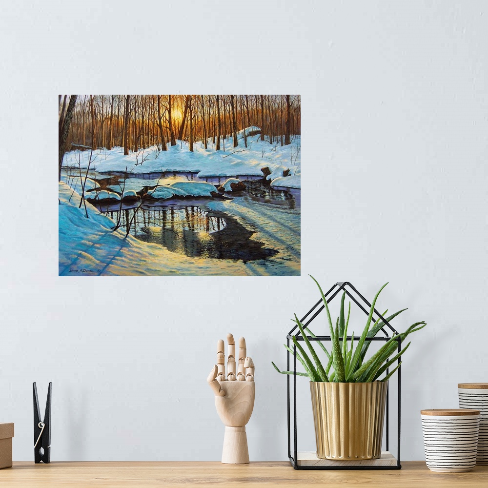 A bohemian room featuring Contemporary artwork of a Forest scene with partially frozen brook at sunset.