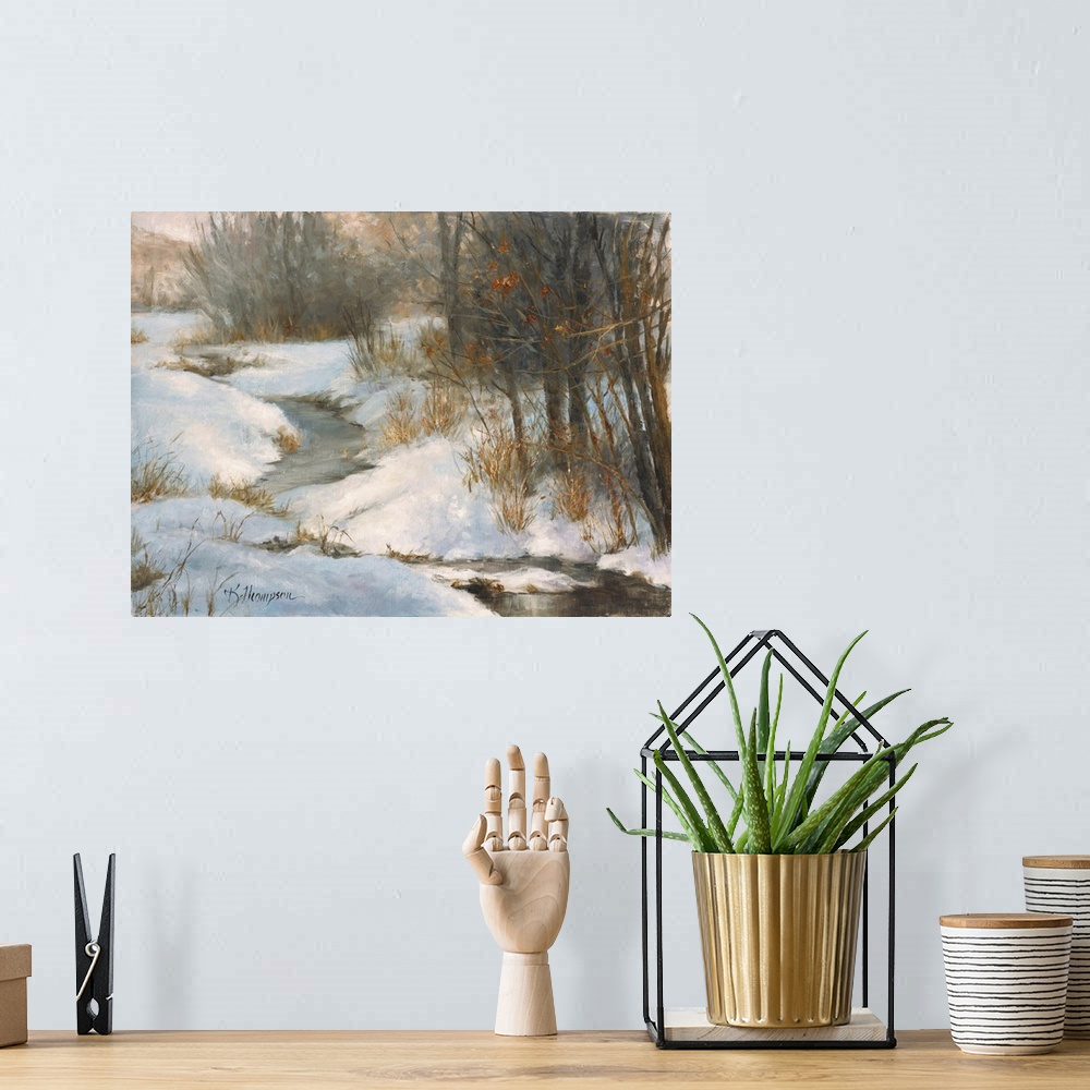 A bohemian room featuring Contemporary painting of an idyllic scene in winter.
