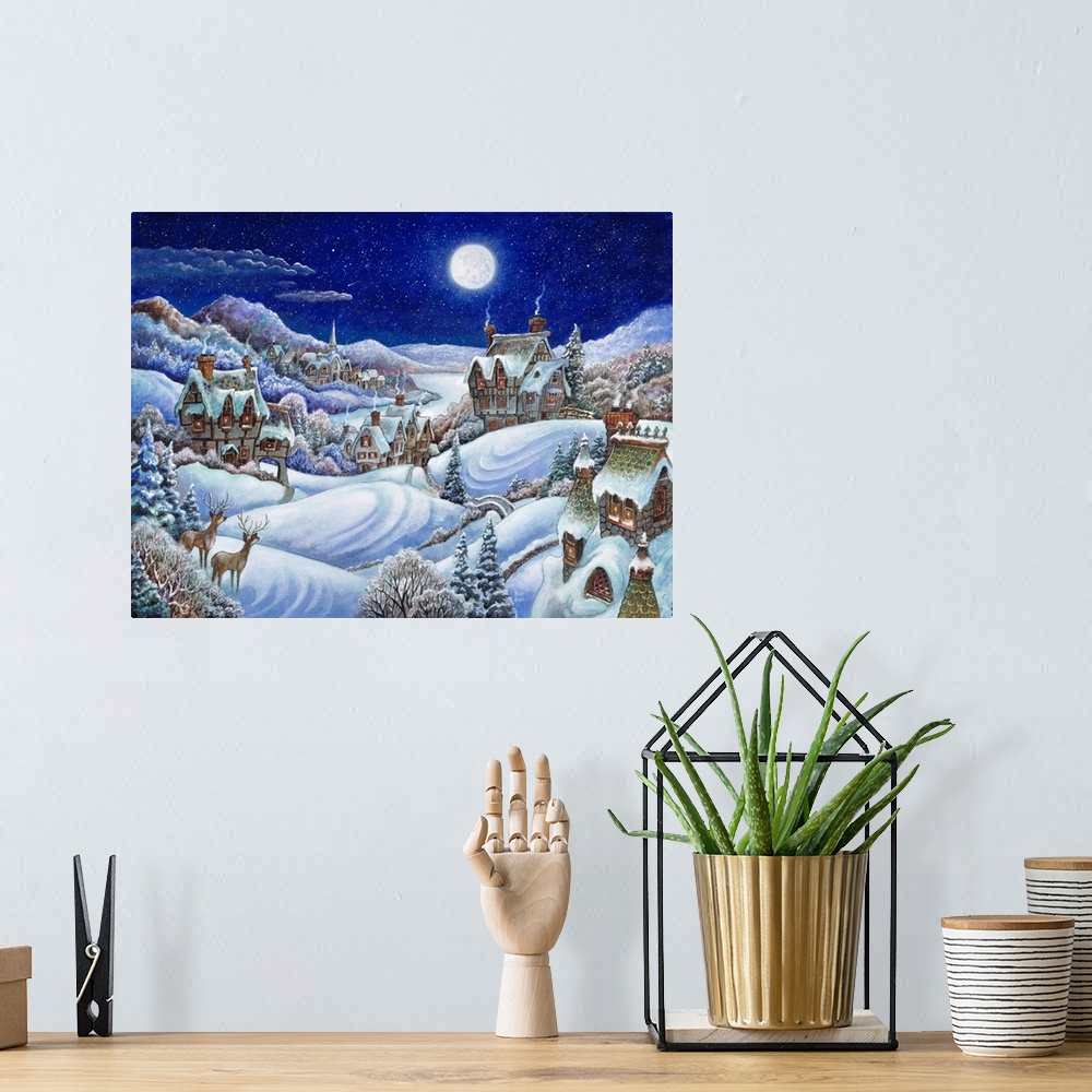 A bohemian room featuring A winter village with a full moon and two deer standing in the meadow.