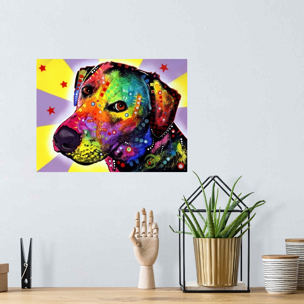 A bohemian room featuring Contemporary stencil painting of a labrador retriever mix filled with various colors and patterns.