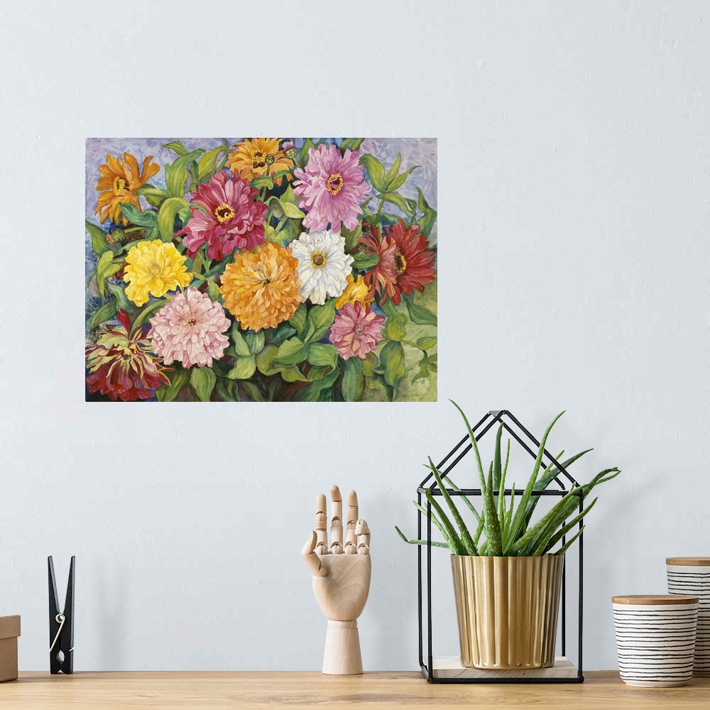 A bohemian room featuring Colorful contemporary painting of multi-colored zinnias.